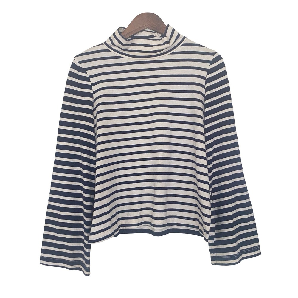 Madewell Striped Mockneck‎ Women Top S Navy Blue White Bell Sleeve Cotton Knit